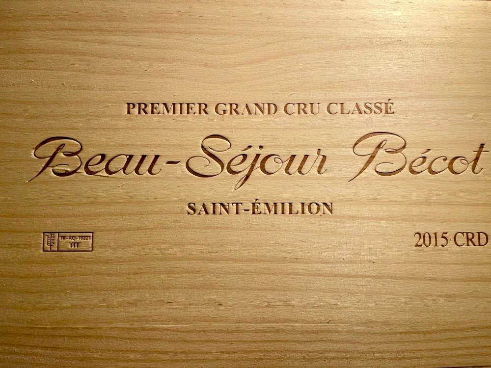 A wooden case of Château Beau-Séjour Bécot 2015