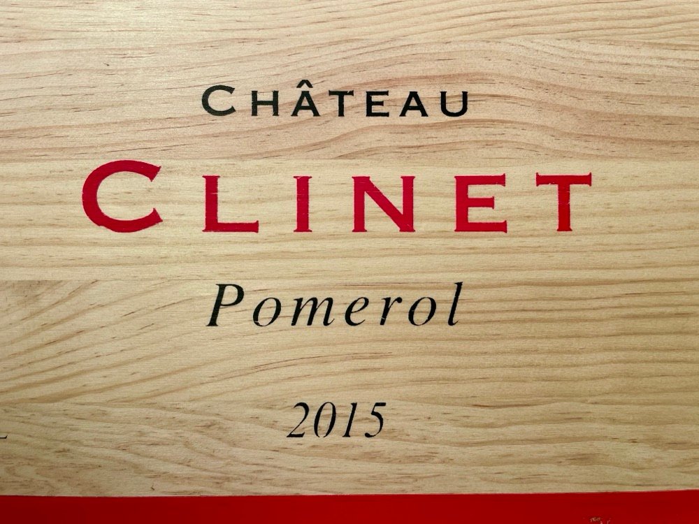 A wooden case of Château Clinet 2015