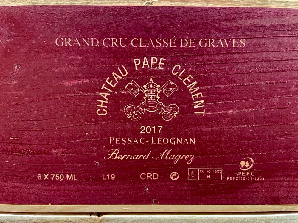 A wooden case of Château Pape Clément 2017