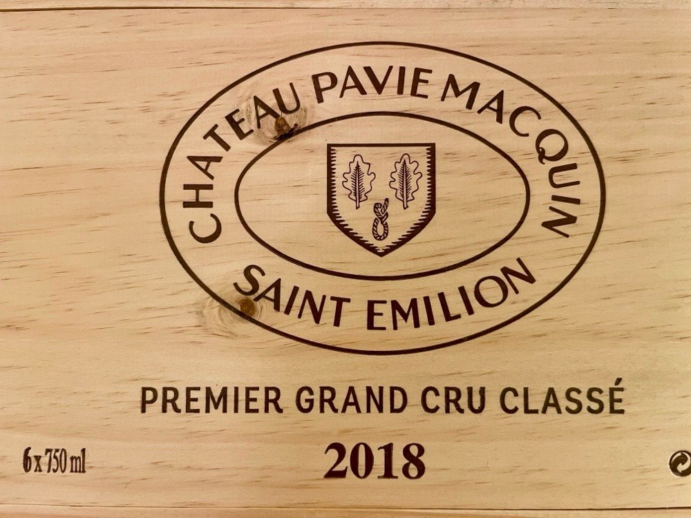 A wooden case of Château Pavie Macquin 2018