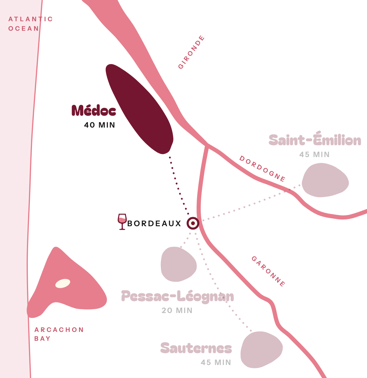 Map of the Bordeaux wine region with Médoc highlighted, 40 minutes from Bordeaux