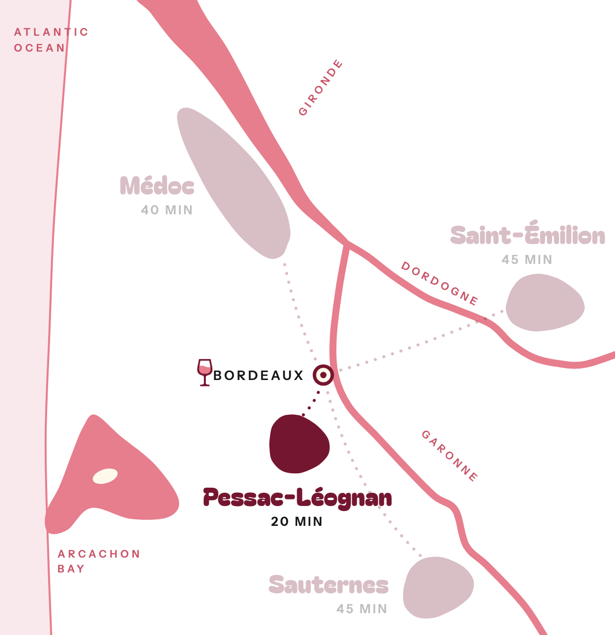 Map of the Bordeaux wine region with Pessac-Léognan highlighted, 20 minutes from Bordeaux