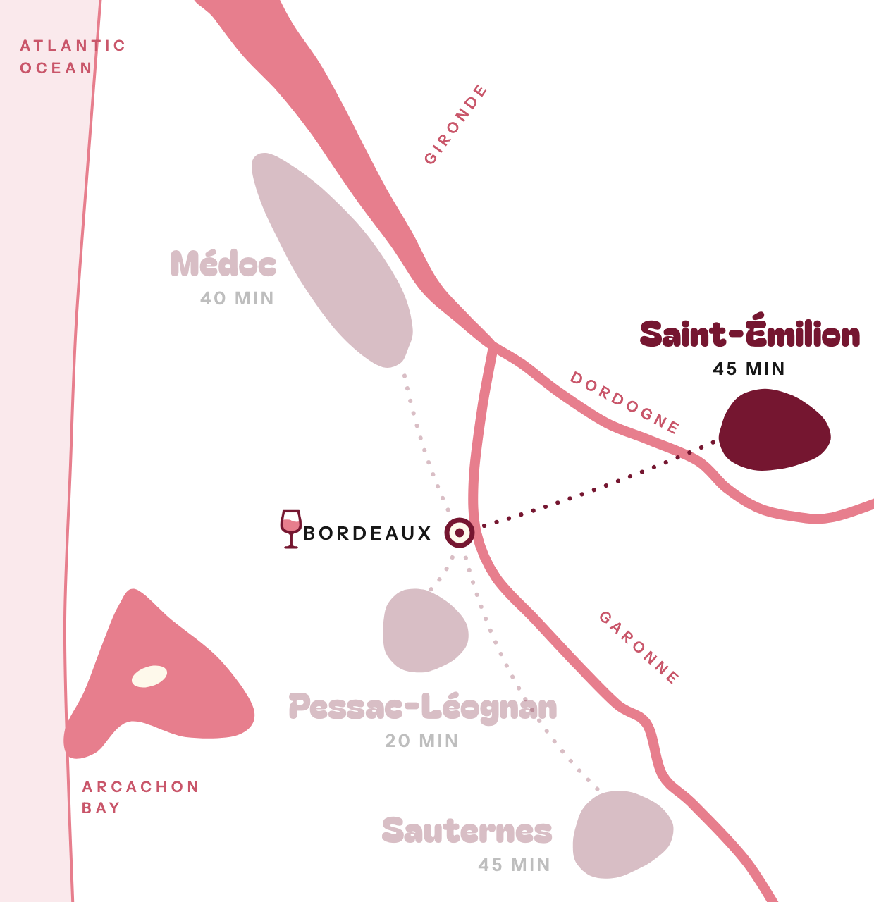 Map of the Bordeaux wine region with Saint-Émilion highlighted, 45 minutes from Bordeaux