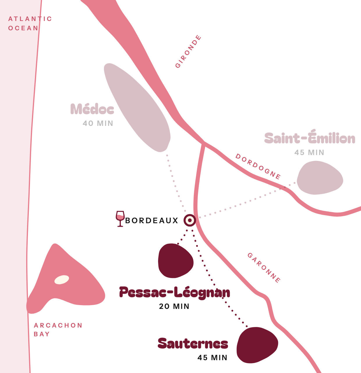 Map of the Bordeaux wine region with Sauternes & Pessac-Léognan highlighted, 20 to 45 minutes from Bordeaux