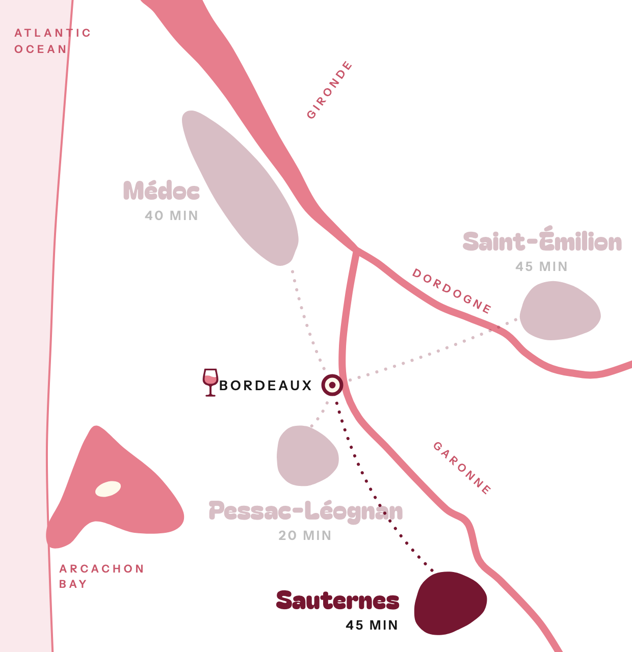 Map of the Bordeaux wine region with Sauternes highlighted, 45 minutes from Bordeaux