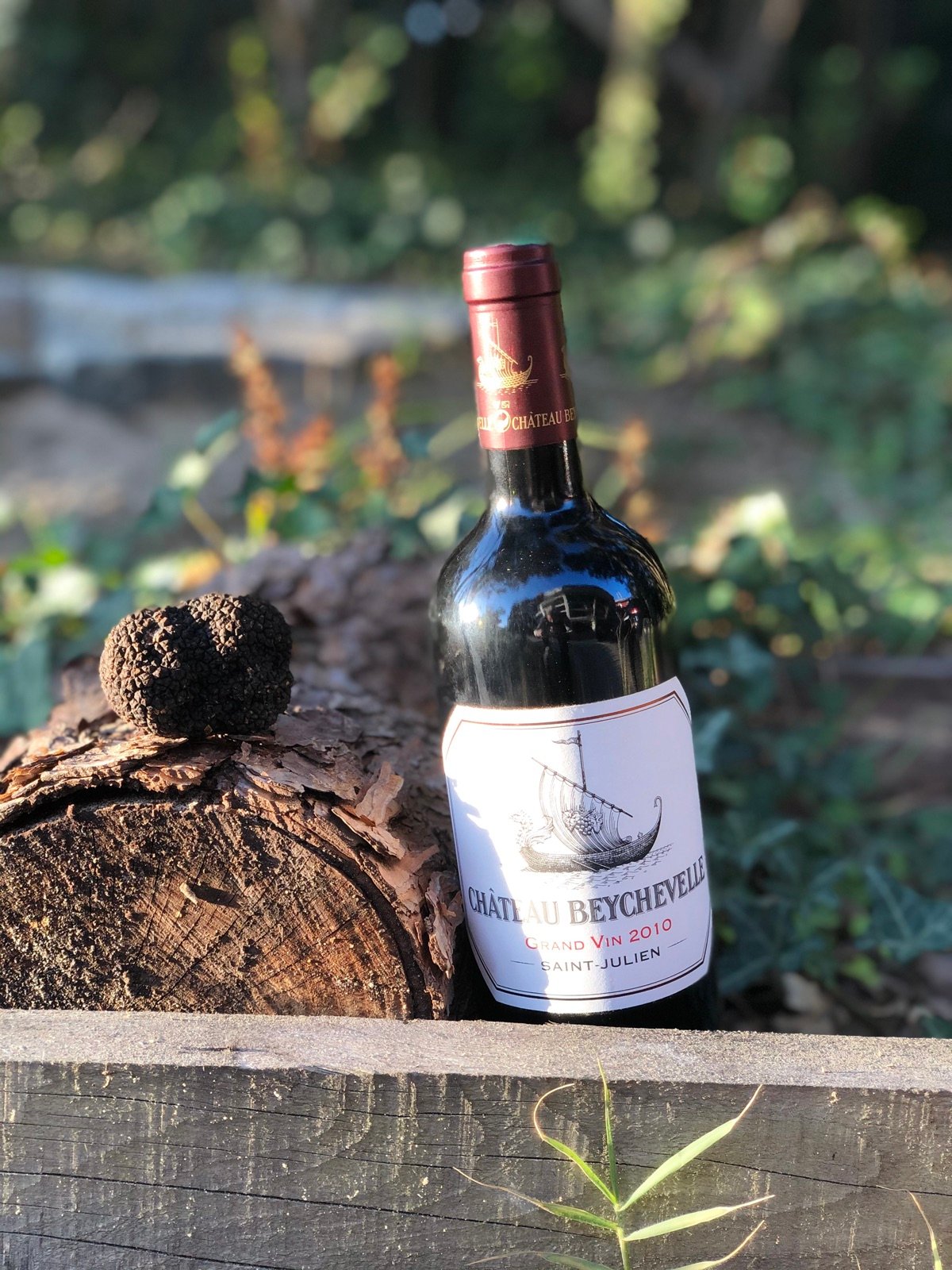 A bottle of Château Beychevelle, Saint-Julien, next to a truffle